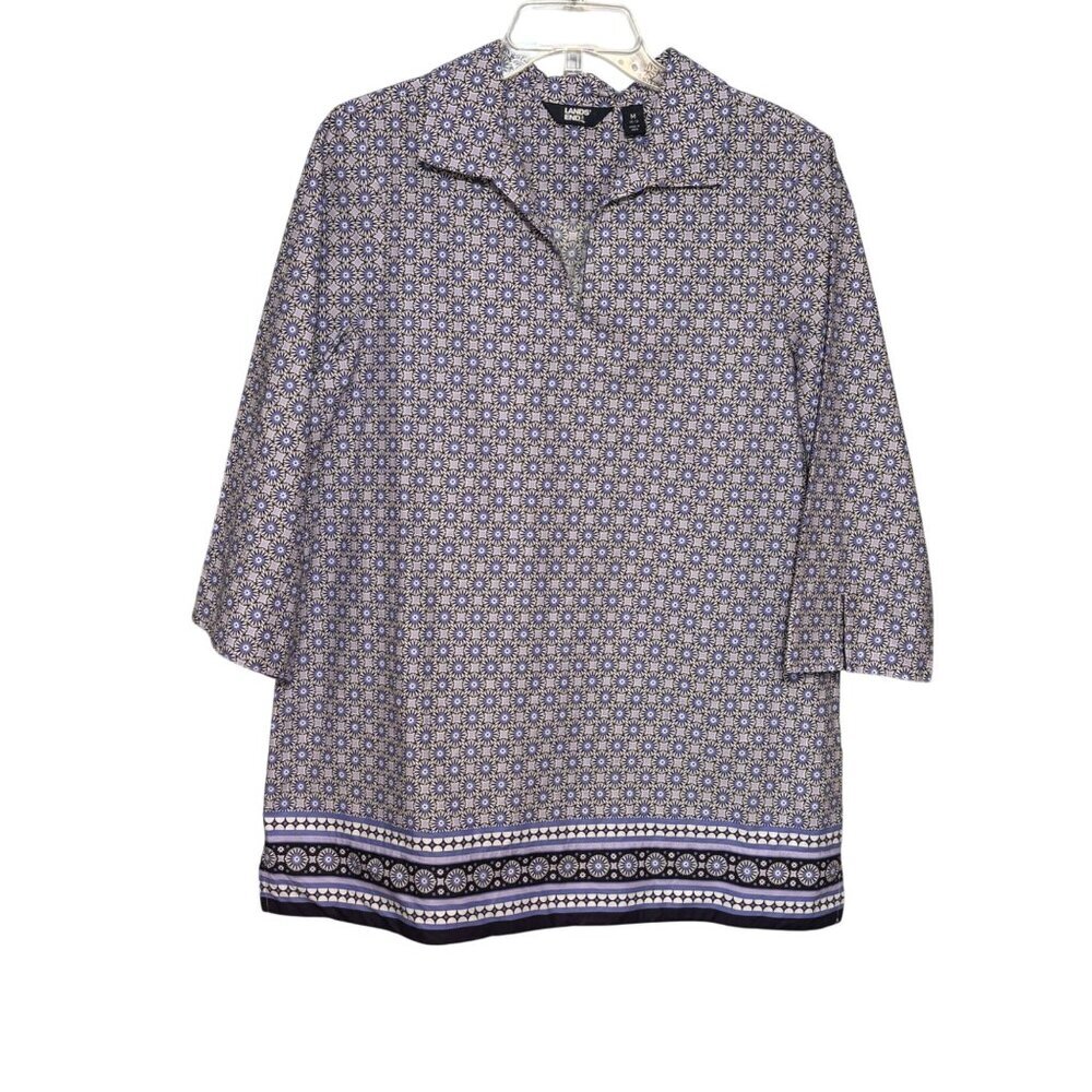 Lands End Women's Tunic Geometric Pattern Blue Lavender & White Cotton Medium
